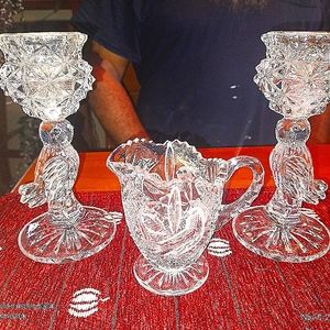 Vintage crystal candle sticks and creamer